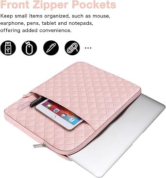 MOSISO Laptop Case 13.3 inch, 13-13.3 inch Laptop Sleeve Compatible with MacBook Air/Pro 13 / Pro 14, HP Dell Acer ASUS Lenovo,Square Quilted Vertical Computer Bag with Pocket&Small Case, Chalk Pink