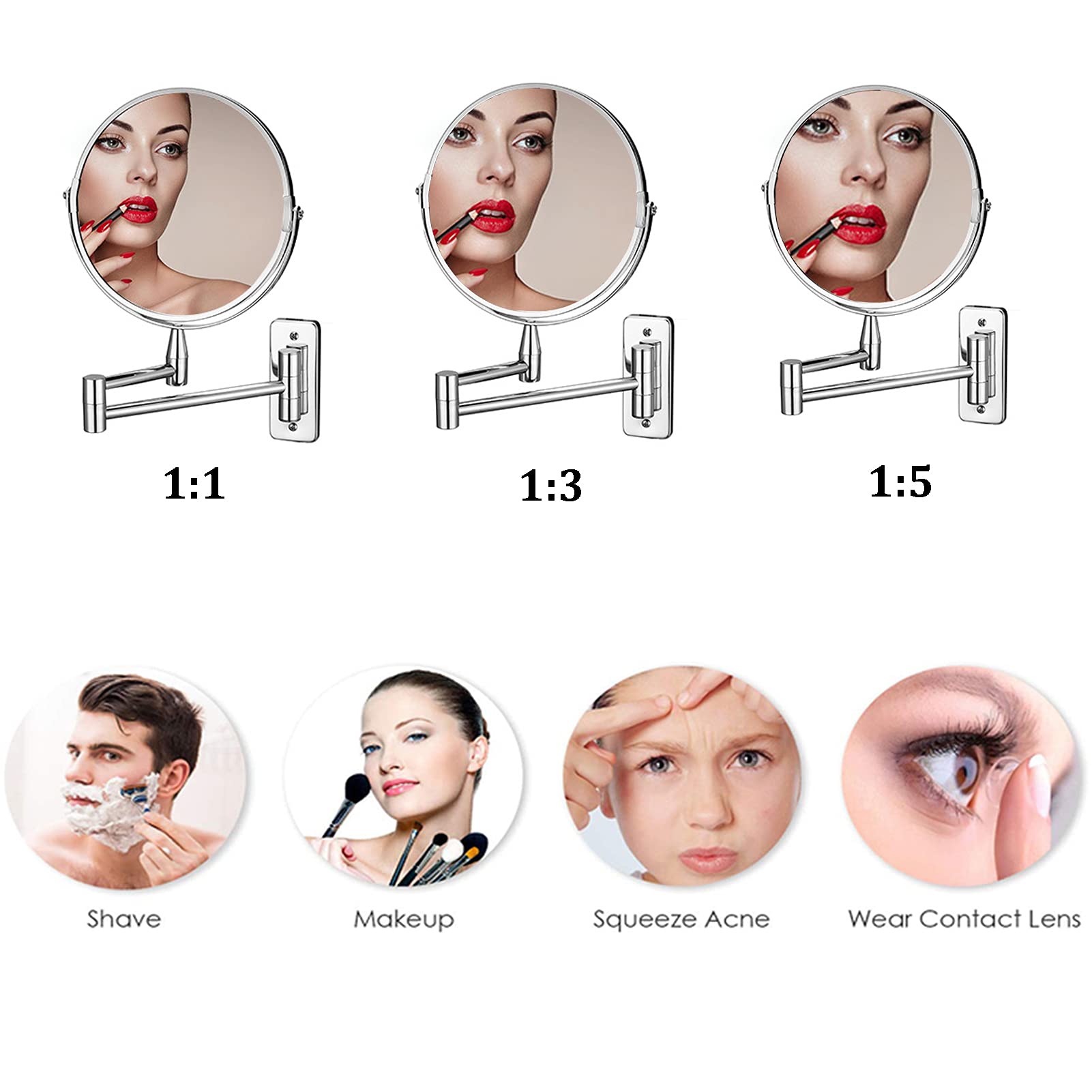 Espejo De Maquillaje Montado En La Pared,Espejo de Tocador de Pared,Espejo Cosmético de Doble Cara Espejo de Aumento,360 Giratorio,Perfecto como Regalo para Mujeres y Niñas,8inch,3X Magnifying