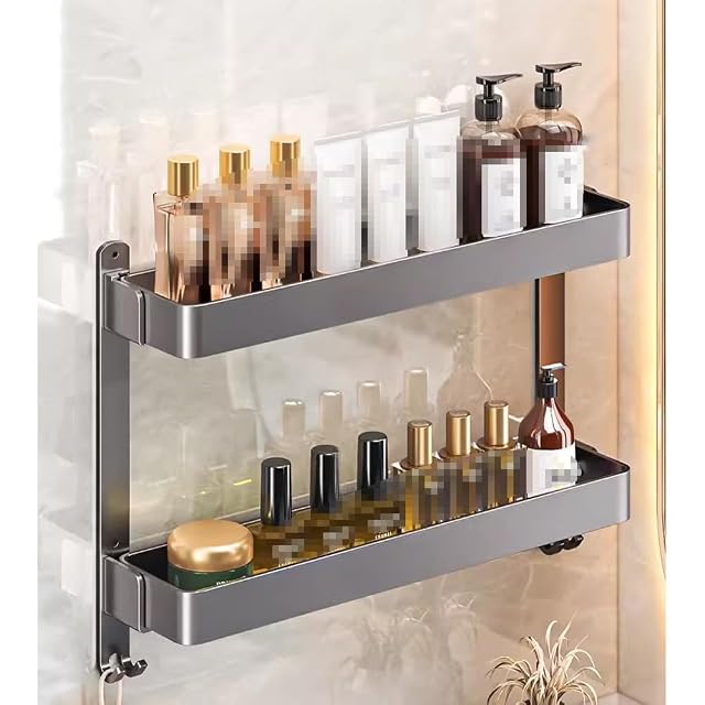 GTFDXJ Space Aluminum Floating Shelves Wall Mounted Shower Caddy Bathroom Shelf Double Layer 55CM