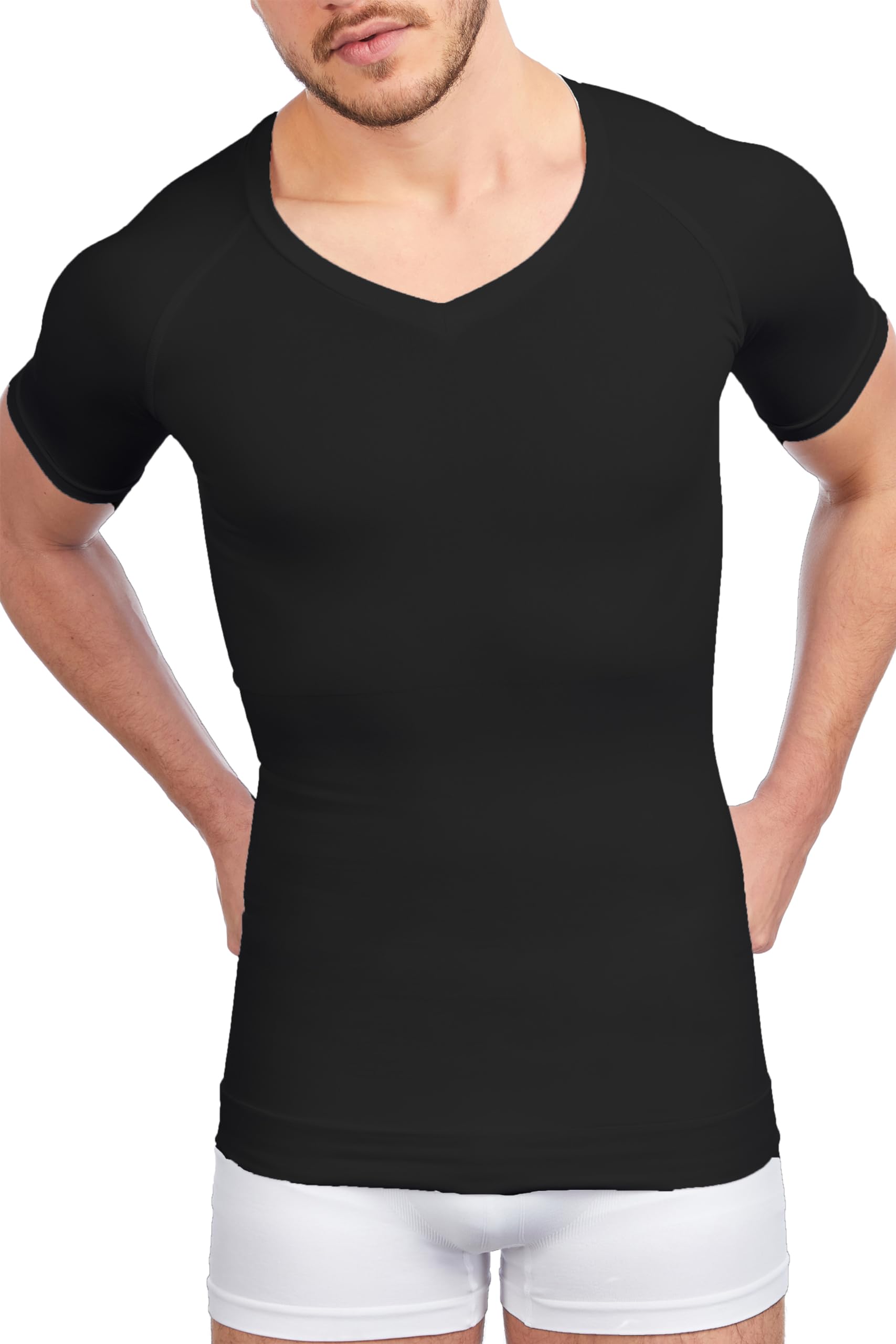 UnsichtBra Shapewear V - Ausschnitt Kurzarm Unterhemd Herren | Body Shaper Funktionsshirt Herren | Bauchweg Kompressionsshirt Unterziehshirt Weiss