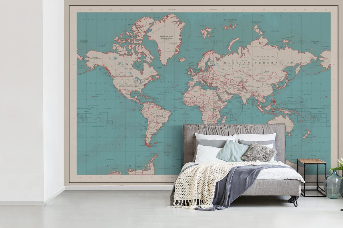Selbstklebend Tapete Wandpapier Wandaufkleber Fototapete Tapeten Wanddeko 330x220 cm Weltkarte - Vintage - Atlas - Kinder - Jungen - Mädchen