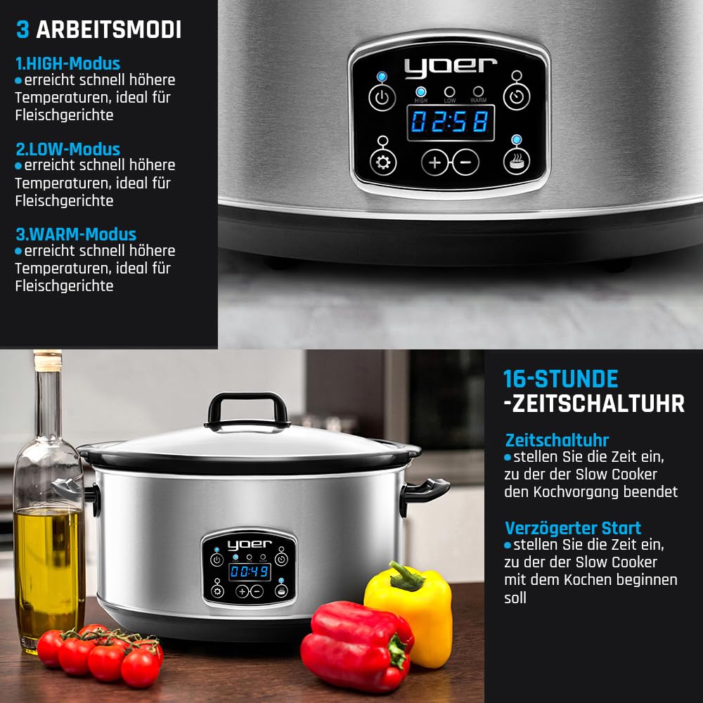 Yoer Clever-Cook SC6502S, Slow Cooker, 320W, 6,5L, Multifunktional, ECO, 16-Stunden-Timer, LCD-Display, Temperaturhaltefunktion, 3 Betriebsmodi, Herausnehmbarer Keramikeinsatz, Antihaft-Beschichtung