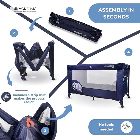 Mobiclinic®, Travel Cot, with Transport Bag, 2 in 1, Ultra-compact Folding, Removable Mattress, Mofli, up to 15kg, Breathable Fabric, Side Entrance with Zip, Wheels (Navy blue)