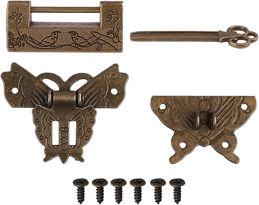 Antique Chinese Locks with Key & Latch Hasp Set, Flower Bird Lock Vintage Jewelry Gift Box Decorative Padlock Lock Hardware Latch Set for Wood Box