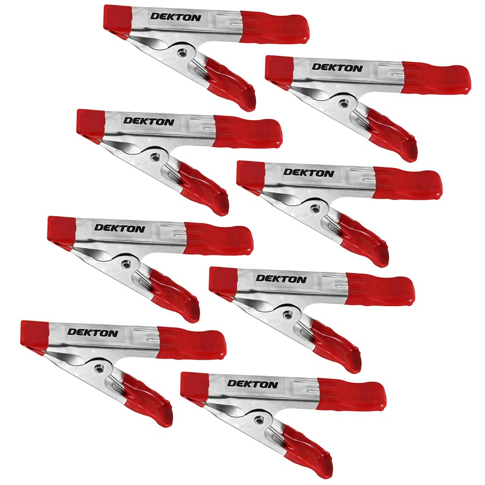 Dekton Spring Clamp 8 PC 2" Set - 32mm Jaw Opening, Compact Design with Strong Gripping Power, Durable Zinc-Plated Spring Clamps, Rubber Coating for Non-Slip Grip, Ideal for DIY and Professional Use.
