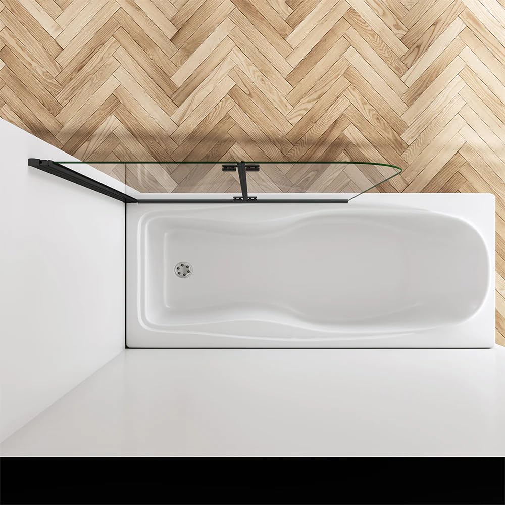 Mampara de Bañera Abatible 2 Hojas Cristal Antical 6mm Plegable Perfil Negro Mate Tamaño:(880-900) x1400mm
