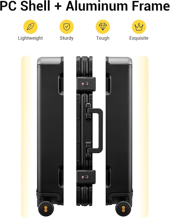 LEVEL8 Zipperless Carry On Suitcase Airline Approved with Aluminum Frame, Hard Shell Luggage with Spinner Wheels, Metal Travel Luggage with Double Tsa Locks, 20 Inch, Black