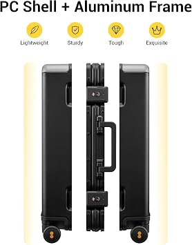 LEVEL8 Zipperless Carry On Suitcase Airline Approved with Aluminum Frame, Hard Shell Luggage with Spinner Wheels, Metal Travel Luggage with Double Tsa Locks, 20 Inch, Black