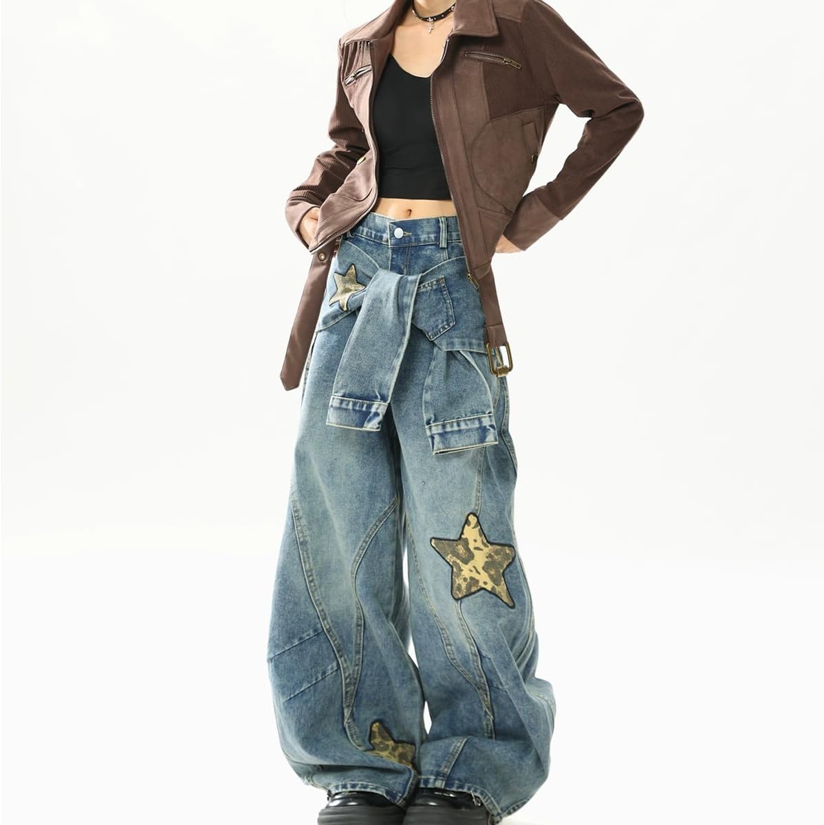 Vintage Gothic Casual High Waisted Denim Pants Y2K Leopard Print Star Patchwork Faux Two-Piece Jeans - Image 5