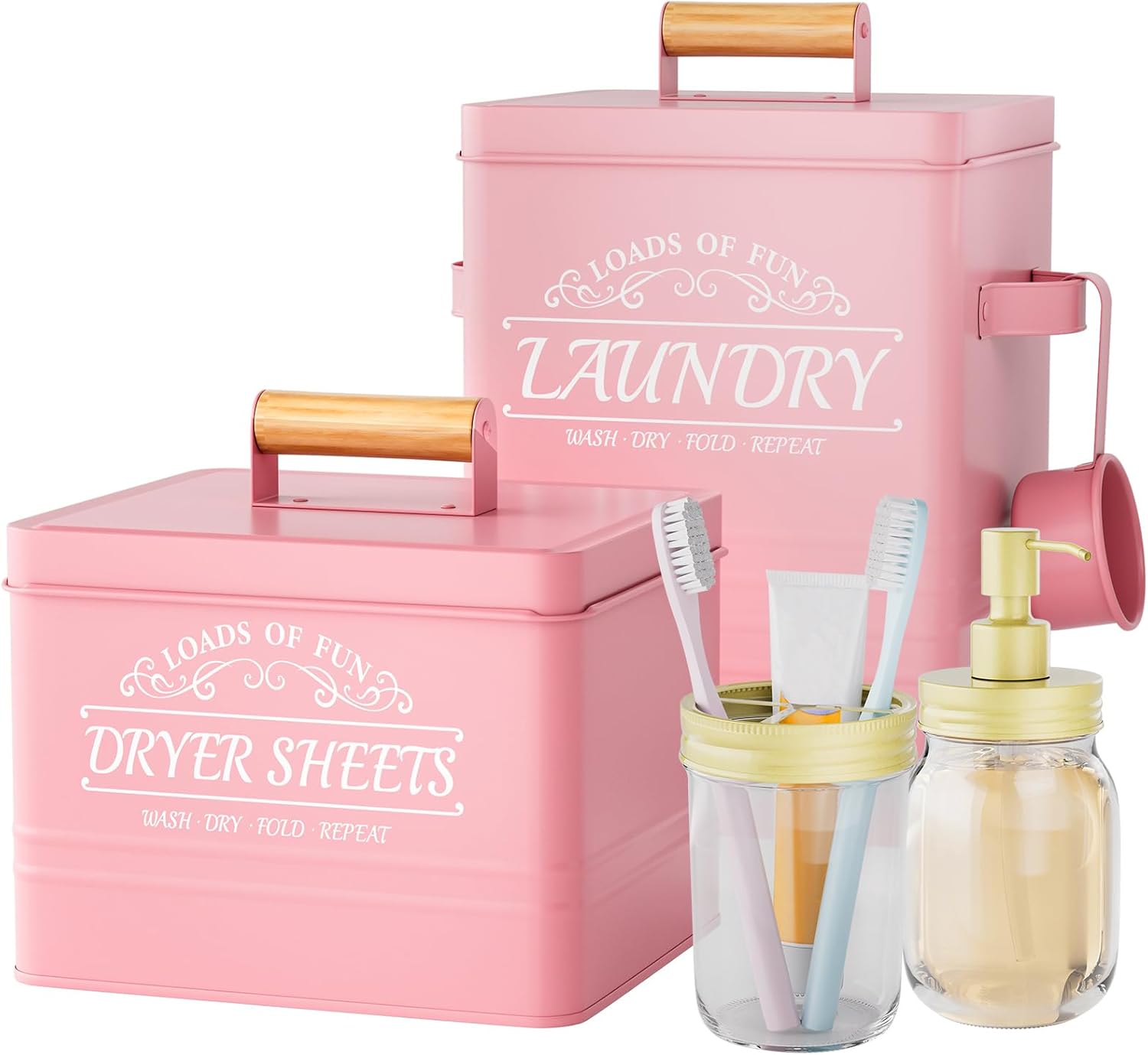 BSSN Farmhouse Laundry Storage Set – Metal Canister for Laundry Pods & Dryer Sheets, Glass Soap Dispenser & Toothbrush Holder | Pink Rustic Decor with Scoop | Laundry Room Organization BSSN Farmhouse Laundry Storage Set – Metal Canister for Laundry Pods & Dryer Sheets, Glass Soap Dispenser & Toothbrush Holder | Pink Rustic Decor with Scoop | Laundry Room Organization