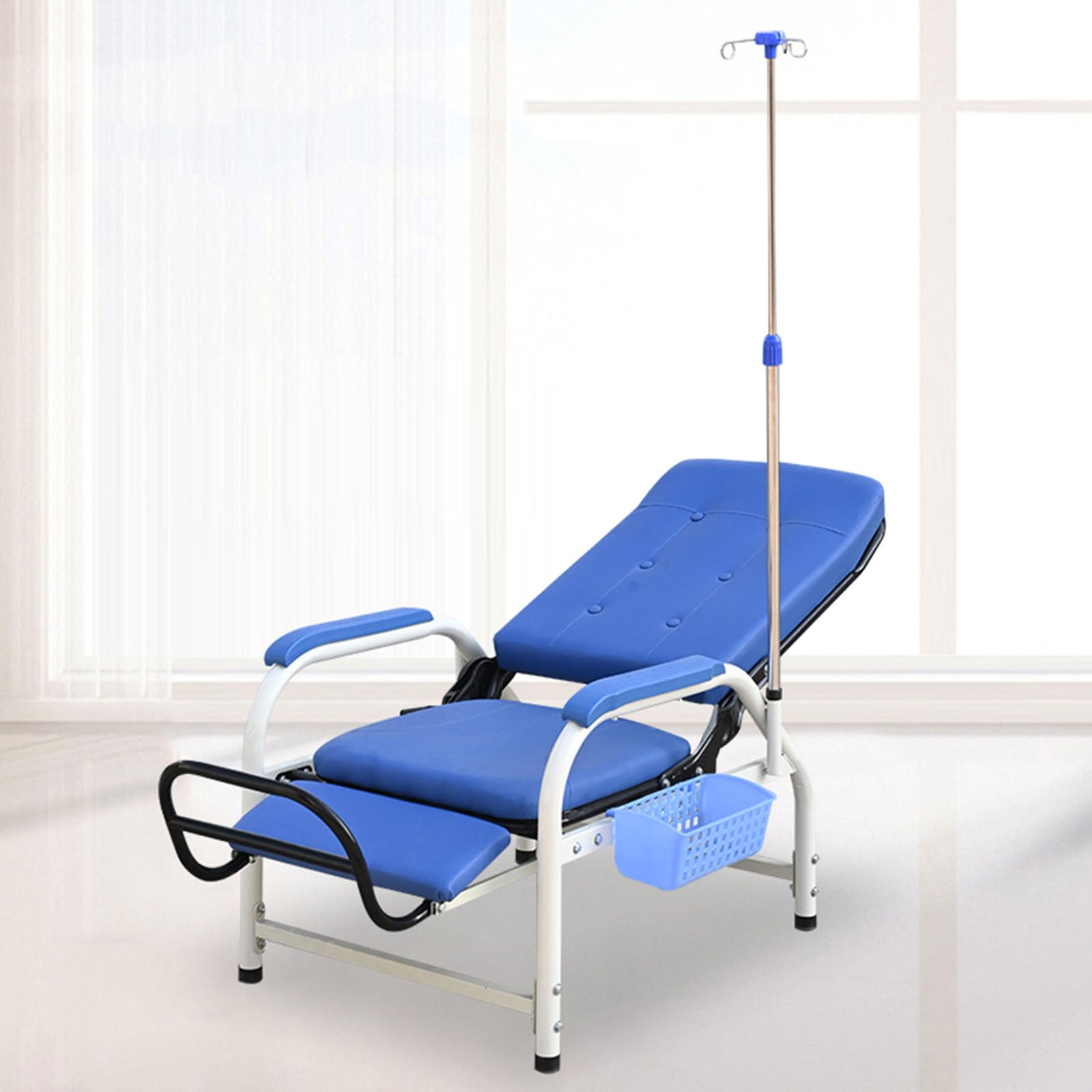 ASerZenith Fully Reclining Chair With Iv Stand For Blood Draw And Patient Waiting In Clinics,Full-Lyingwithplateblackpeda