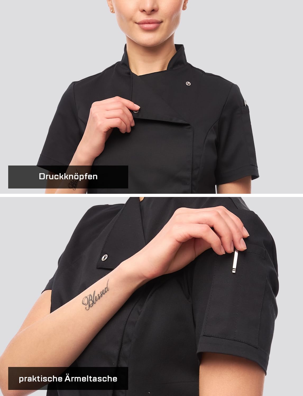 strongAnt Giacca da Cucina Donna Slim Fit Soft Cotone con Bottoni a Pressione Giacca da Pasticcere Manica Corta – Nero, 2XL