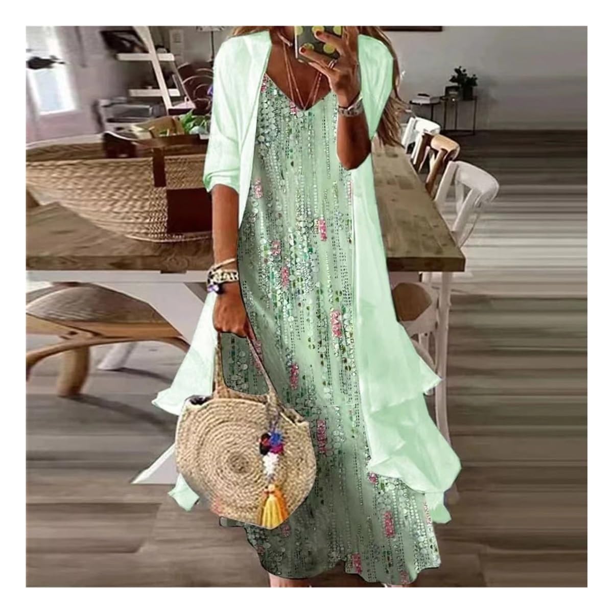 Vestido Mujer Dos Piezas Boho Floral Vestido Largo De Gasa con Cárdigan Talla Grande Elegante para Invitadas De Boda Y Uso Casual Q