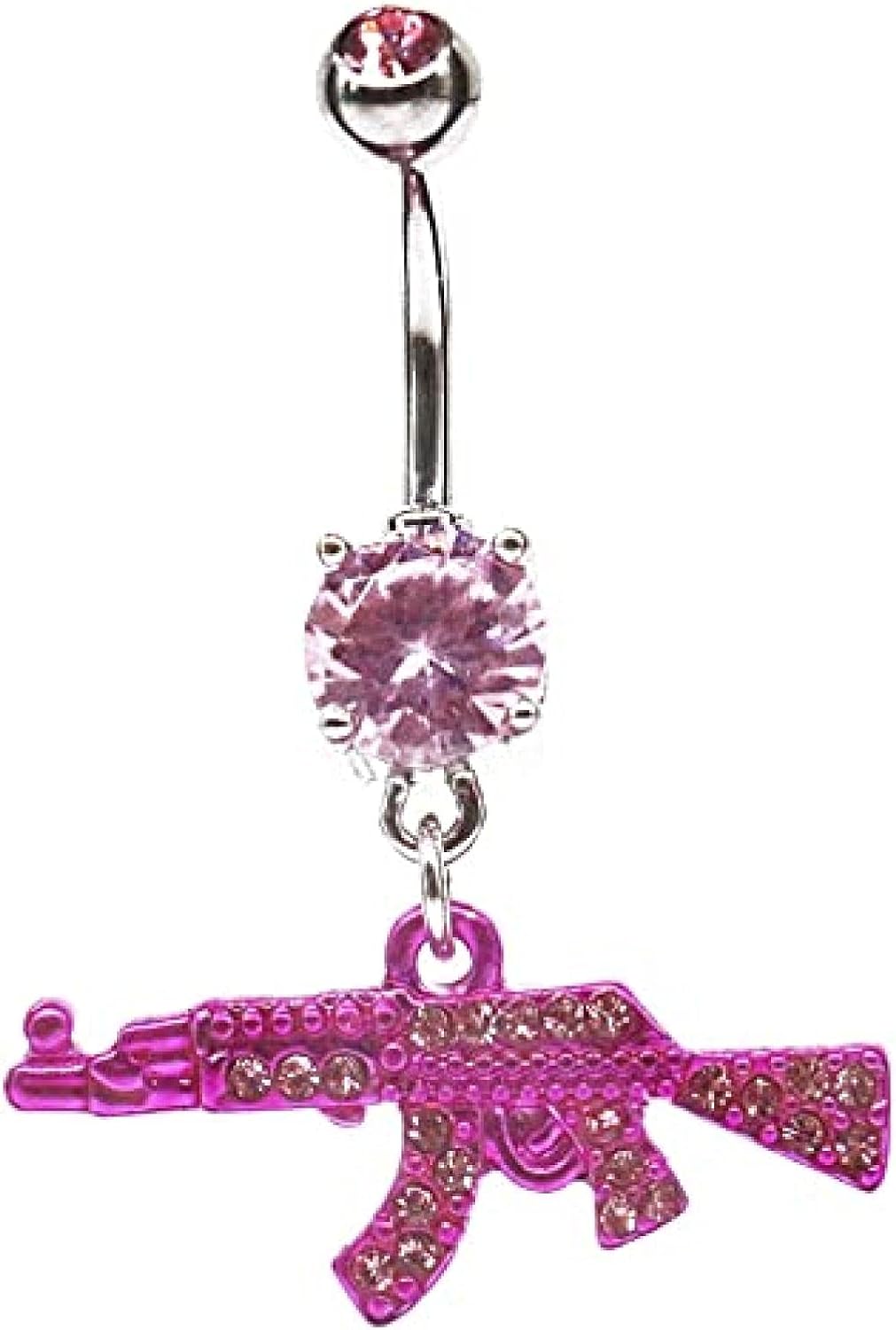 JLEXCMT Fashion Dangle Navel Ring Clear Gem Gun Belly Button Ring Body