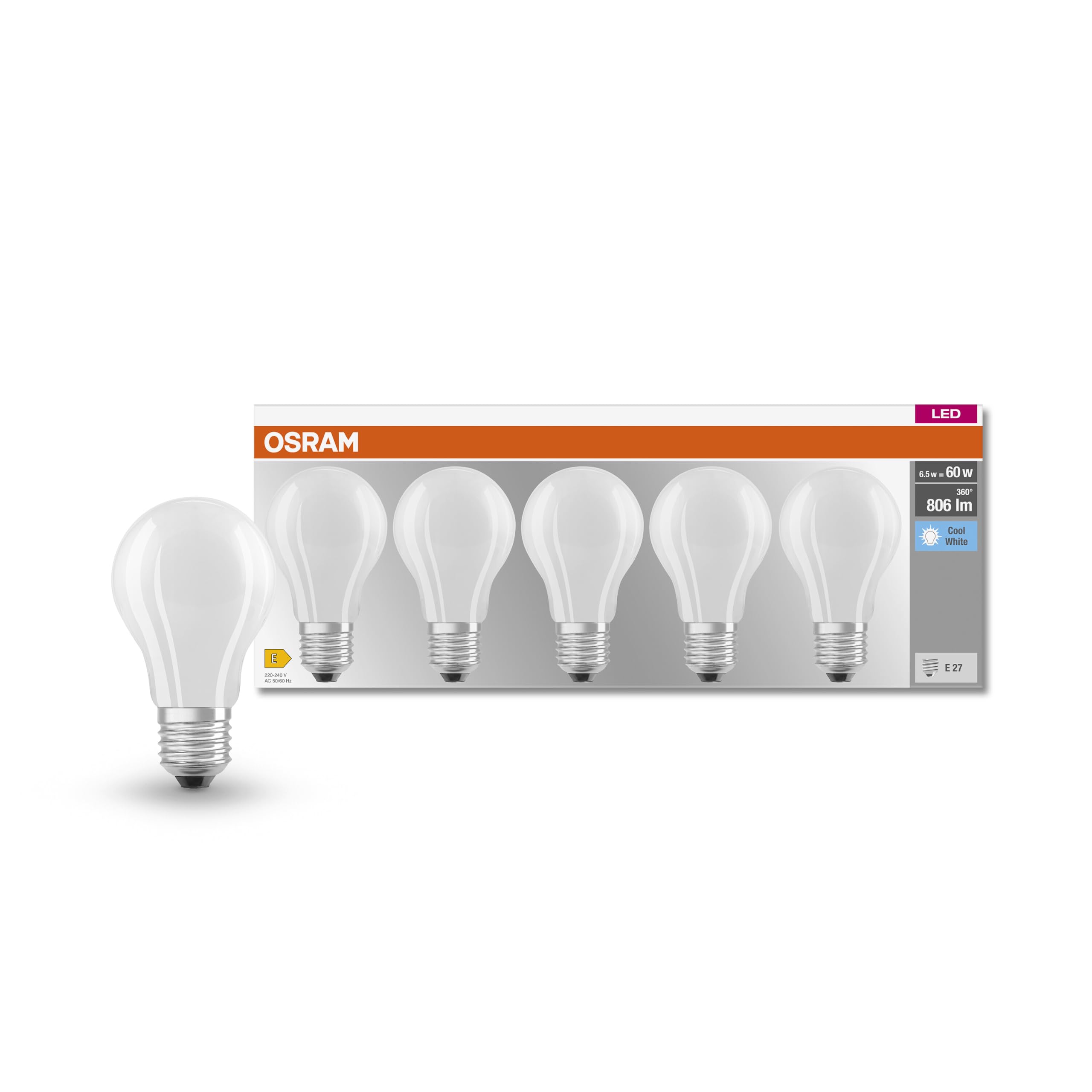 Osram LED BASE Classic A60, matte Filament LED-Lampen aus Glas für E27 Sockel, Birnenform, Kaltweiß (4000K), 806 Lumen, Ersatz für herkömmliche 60W-Glühbirnen, 5er-Box