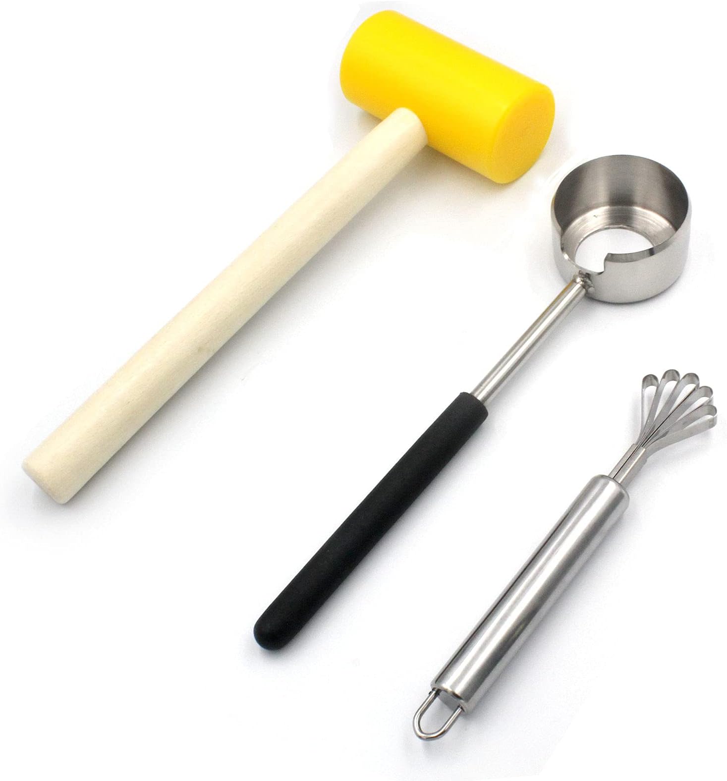 Coconut Opener Set for Young & Mature Coconuts by CoCoMaster |Coconut Tools for Meat Removal with Hammer & Stainless Steel Knife