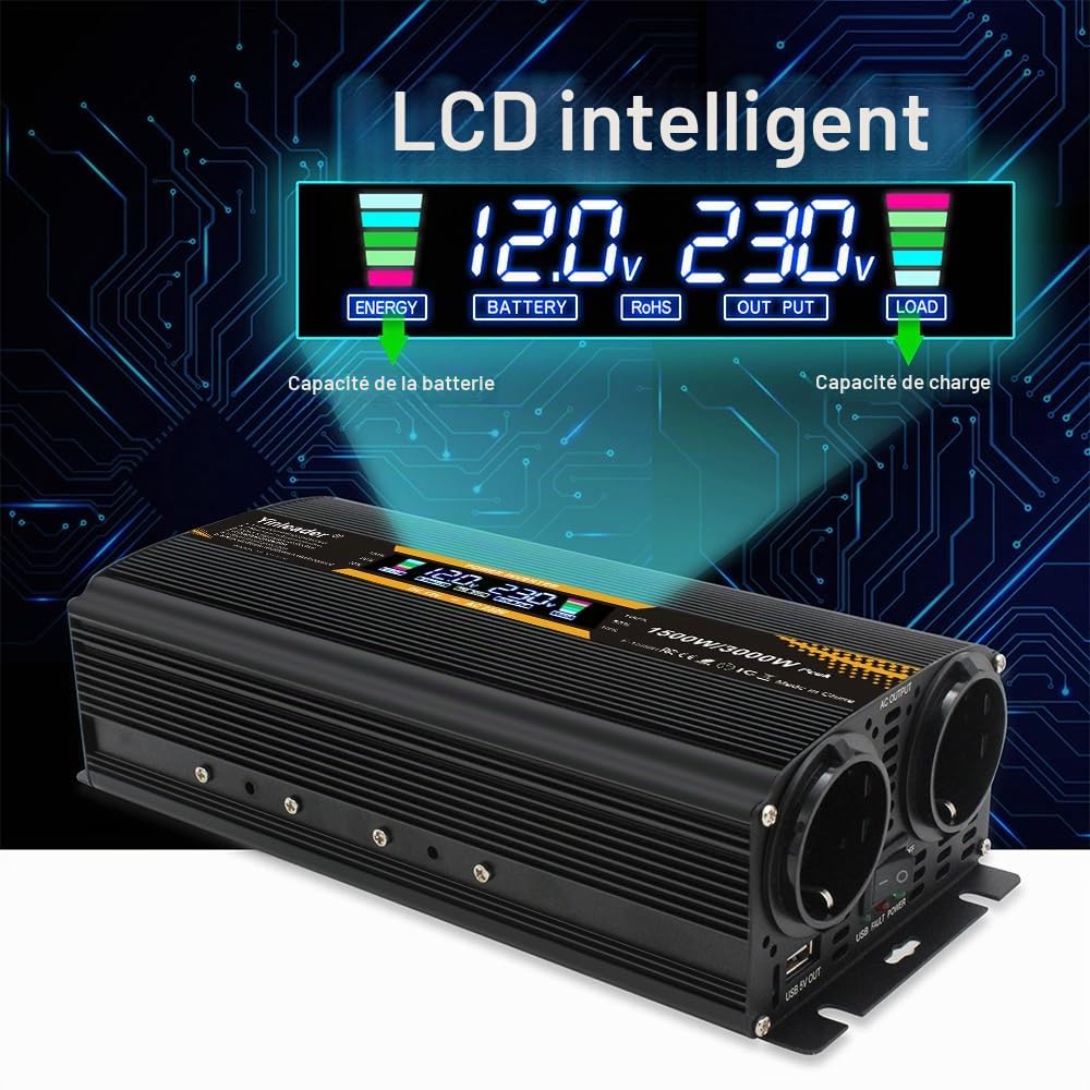 Yinleader Convertisseur 12V 24V à 220V 230V 1500W (3000W Crête), Onduleur Voiture Camion Auto-Détection avec 2 Prises EU, Écran LCD, USB, Idéal pour Camping-Car et Voyage