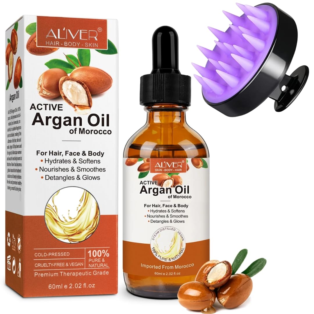 NIKITA.VIVI - Argan Oil with Scalp Massager (60ml) |100% Pure Moroccan Organic Argan Oil for Hair Growth, Face & Body | Cold Pressed Active Argan Oil of Moroco |Treatment For Damaged & Dry Hair & Skin