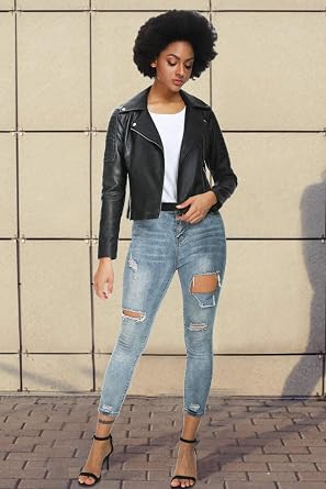 Women's Faux Leather Jackets, Zip Up Motorcycle Short PU Moto Biker Outwear Fitted Slim Coat