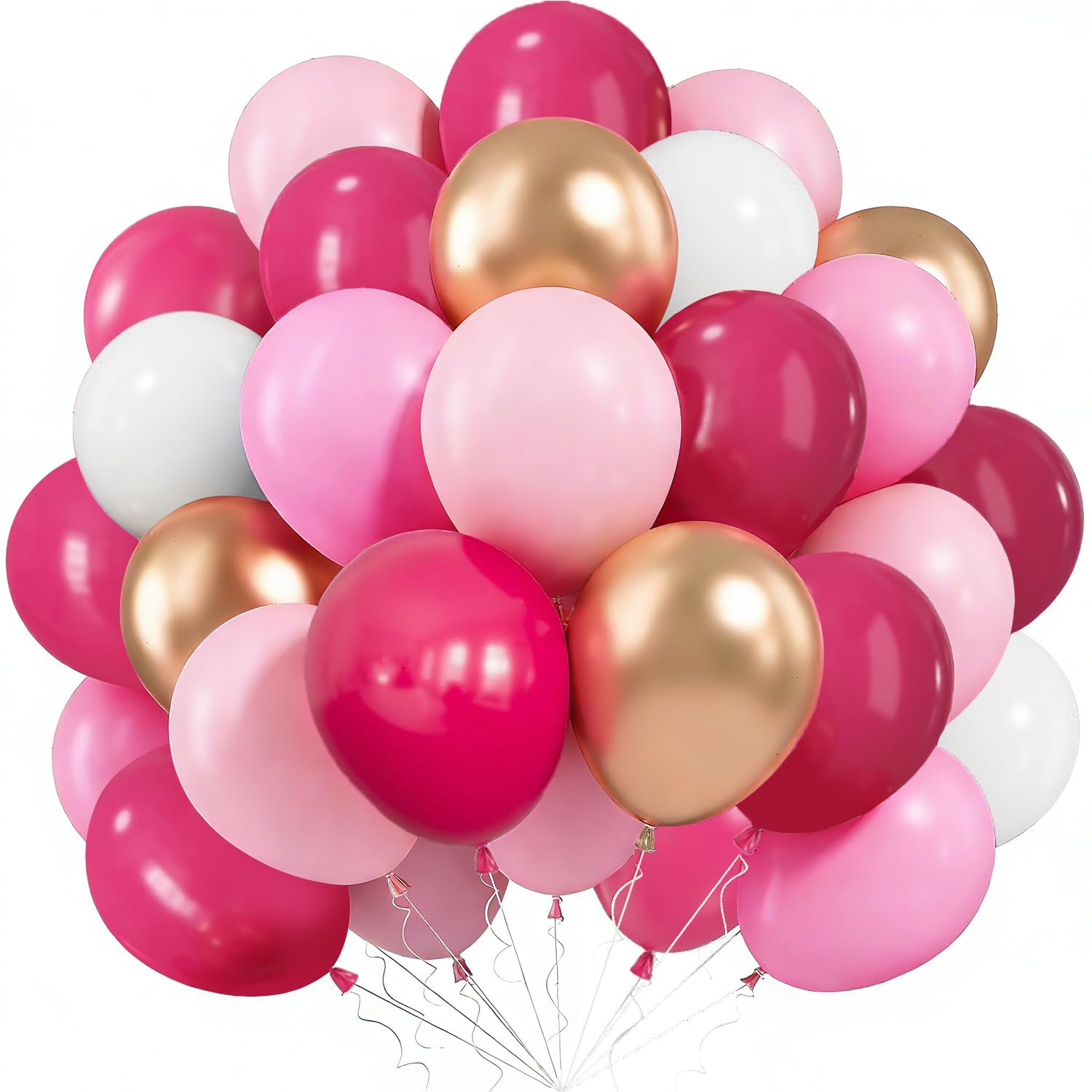 Rose Red Pink and Gold Balloons, 60 PCS Hot Pink White Metallic Gold Latex Balloon, 12 Inch Rose White Balloons for Birthday Baby Shower Wedding Anniversary Valentine's Day Princess Party Decoration