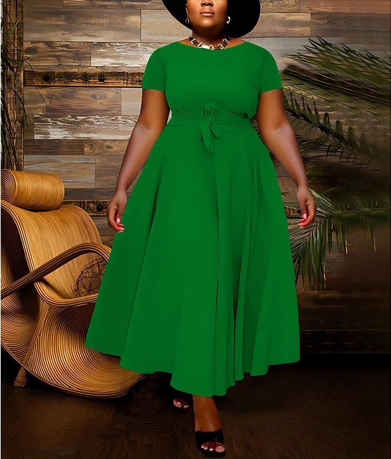 Image of Hostoyo Women Plus Size Formal A Line Maxi Dress Self Tie Waist with Pockets Elegant Round Neck Swing Long Dresses