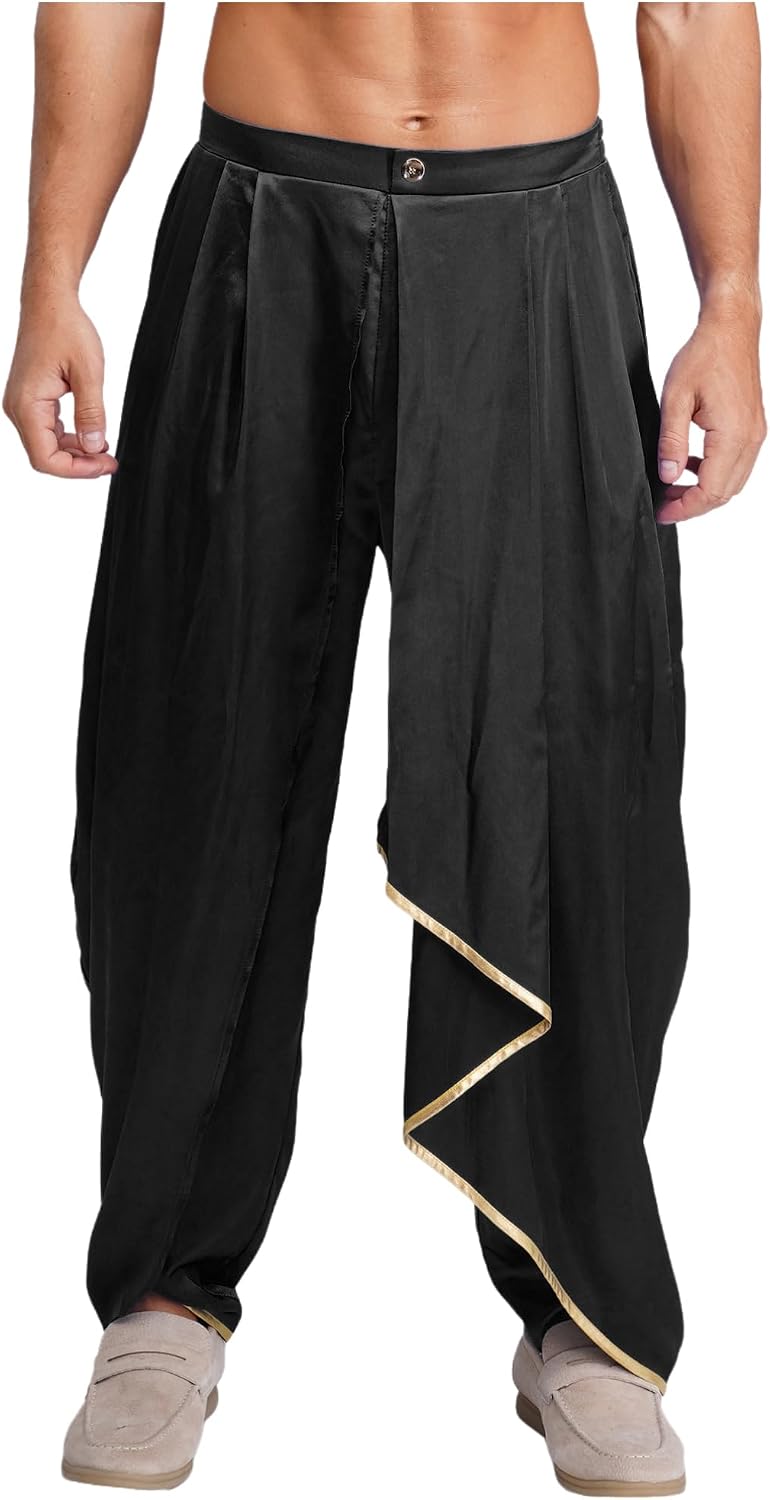 YiZYiF Men's Baggy Dhoti Pants Pleated Drapes Satin Elastic Back Waist Trousers for Theme Party