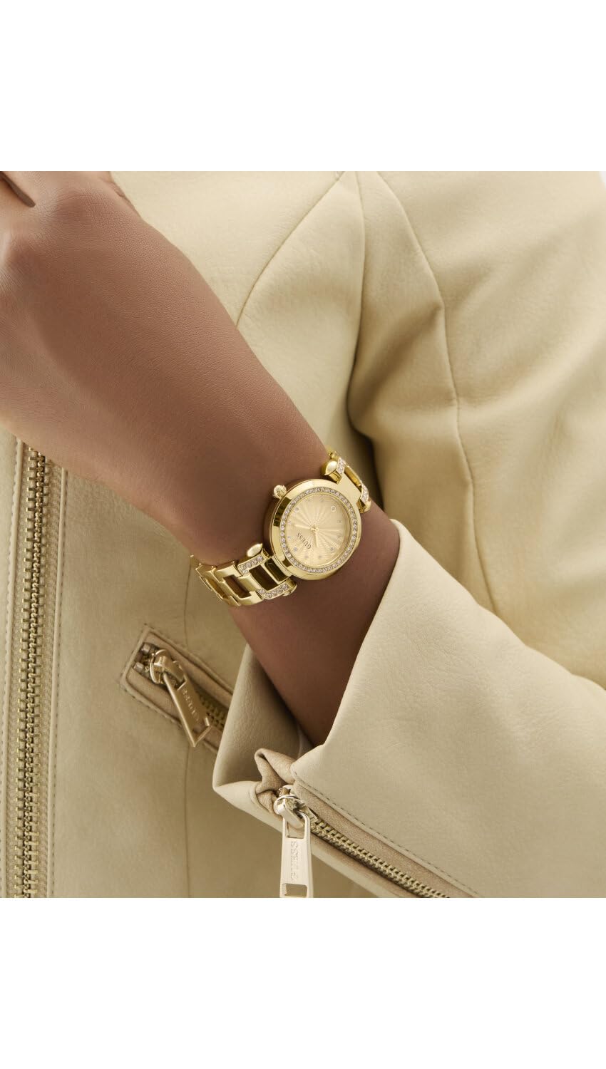 Guess Damen Armbanduhr GB Ginger mit Zirkonia, goldfarbenes Edelstahlarmband, Mineral Glas, goldfarbenes Ziffernblatt, 3 Bar, Gehäusedurchmesser: 30 mm, GW0869L4
