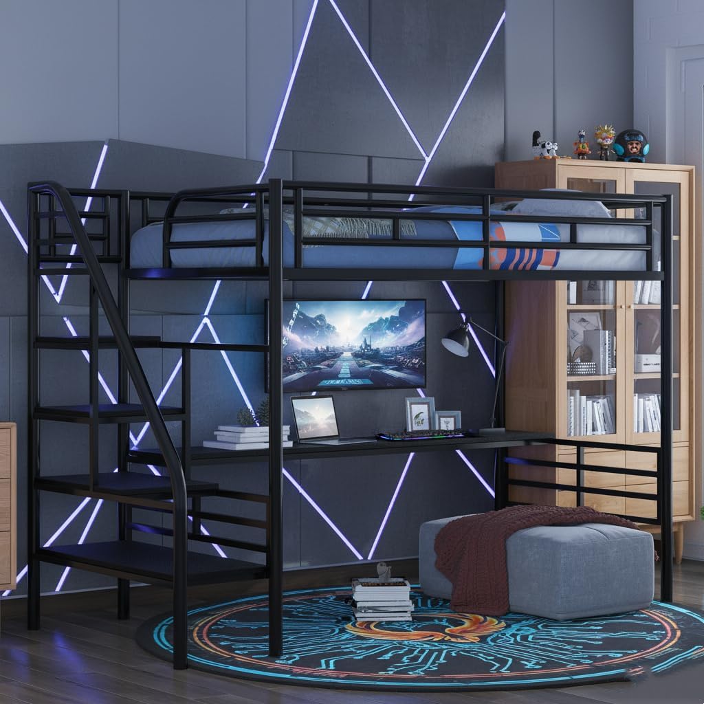 SOFTSEA Twin Size Metal Loft Bed with Stairs, Heavy Duty Loft Bed with Desk for Kids, No Noise, No Box Spring Needed,Black