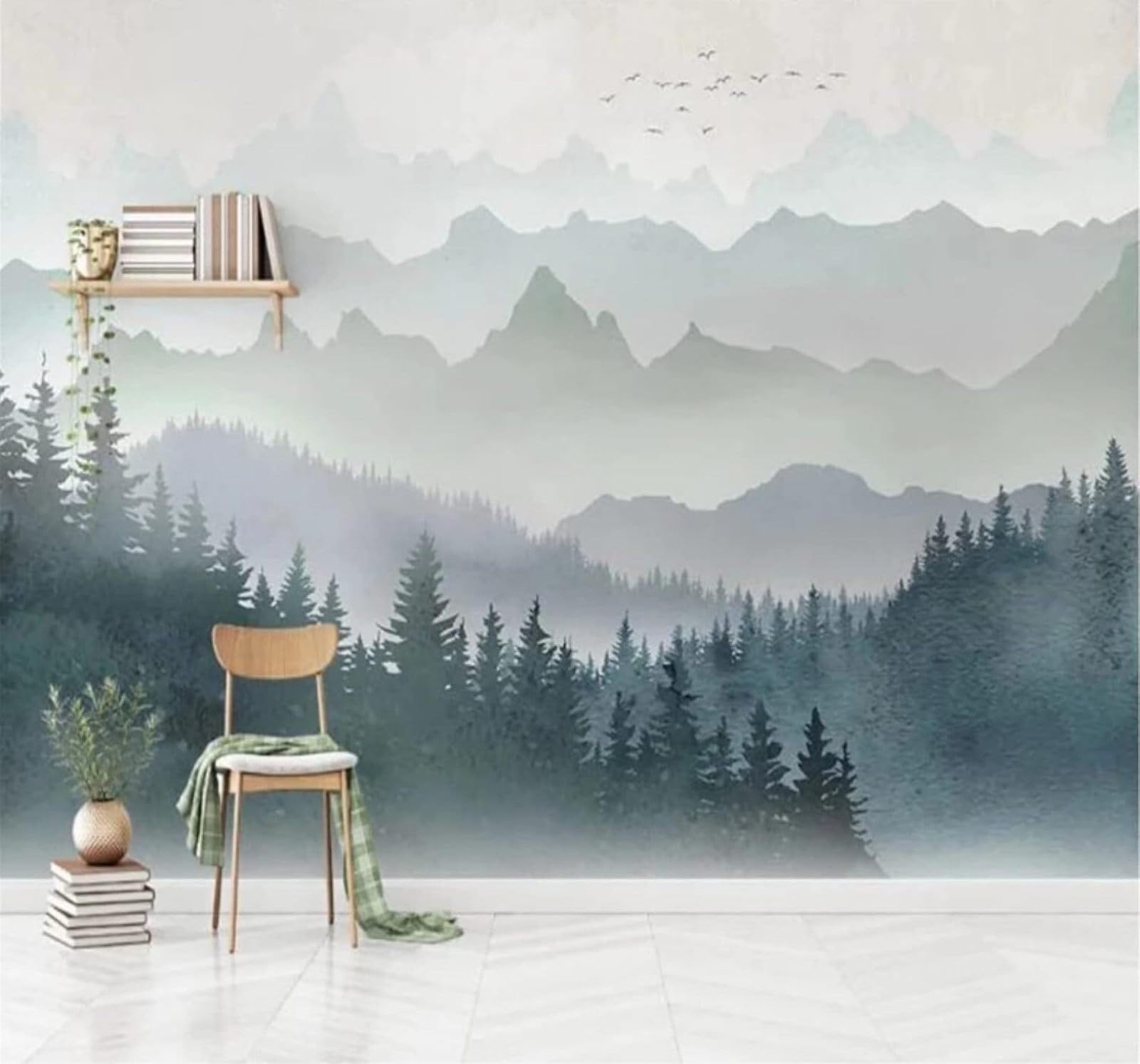 XLMING Minimalist Mountain Top Forest Birds in Flight Scenery 3D Wallpaper Luxury Silk Study Dining Feature Sofa Grey Bedroom Living Room Tv Decorative Wall-200cm×140cm
