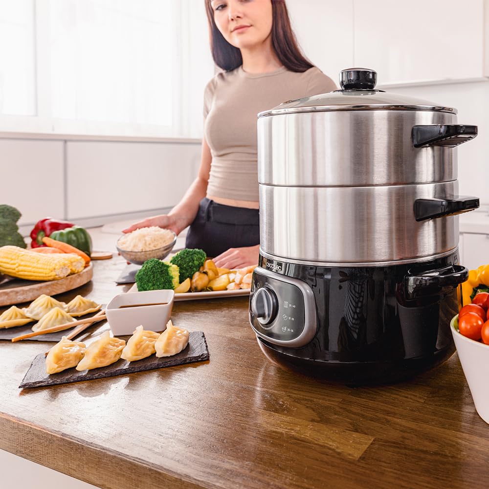 Vaporera | Cecotec Vapovita SteelPot White, 1300 W, 3 recipientes de