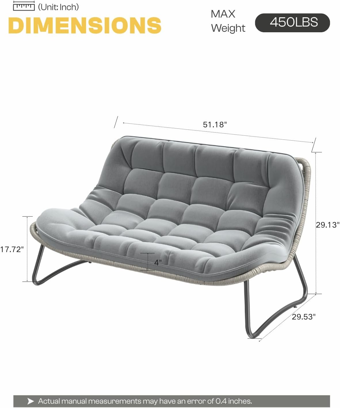 Patio Loveseat, Comfy Oversized Double Papasan Chair with Thick Cushion, 2 Person Boho Wicker Armless Small Outdoor Couch for Balcony, Sunroom, Bedroom and Porch (Grey)