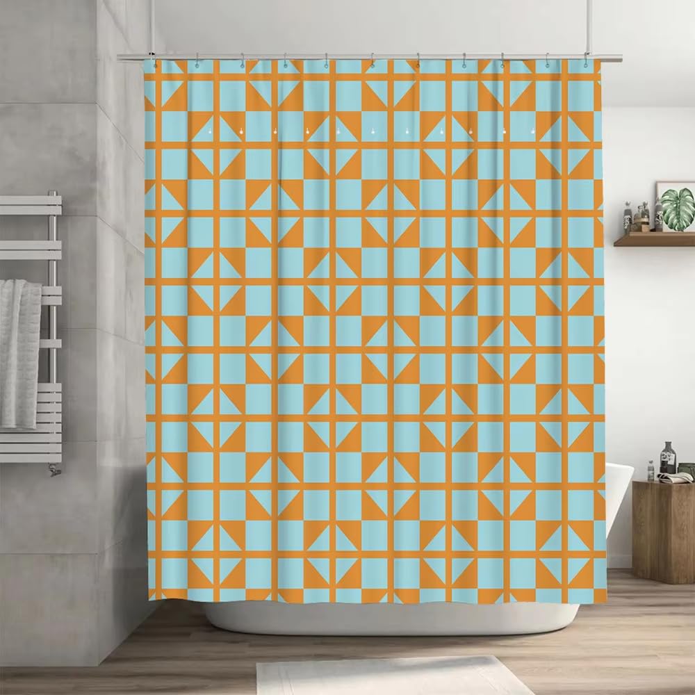 Rideau de Douche 200x200 Géométrique Bleu Et Orange,Rideau de Salle de Bain Moderne,Simple Et Coloré,Rideau de Baignoire en Polyester Imperméable avec Crochets Jaunes