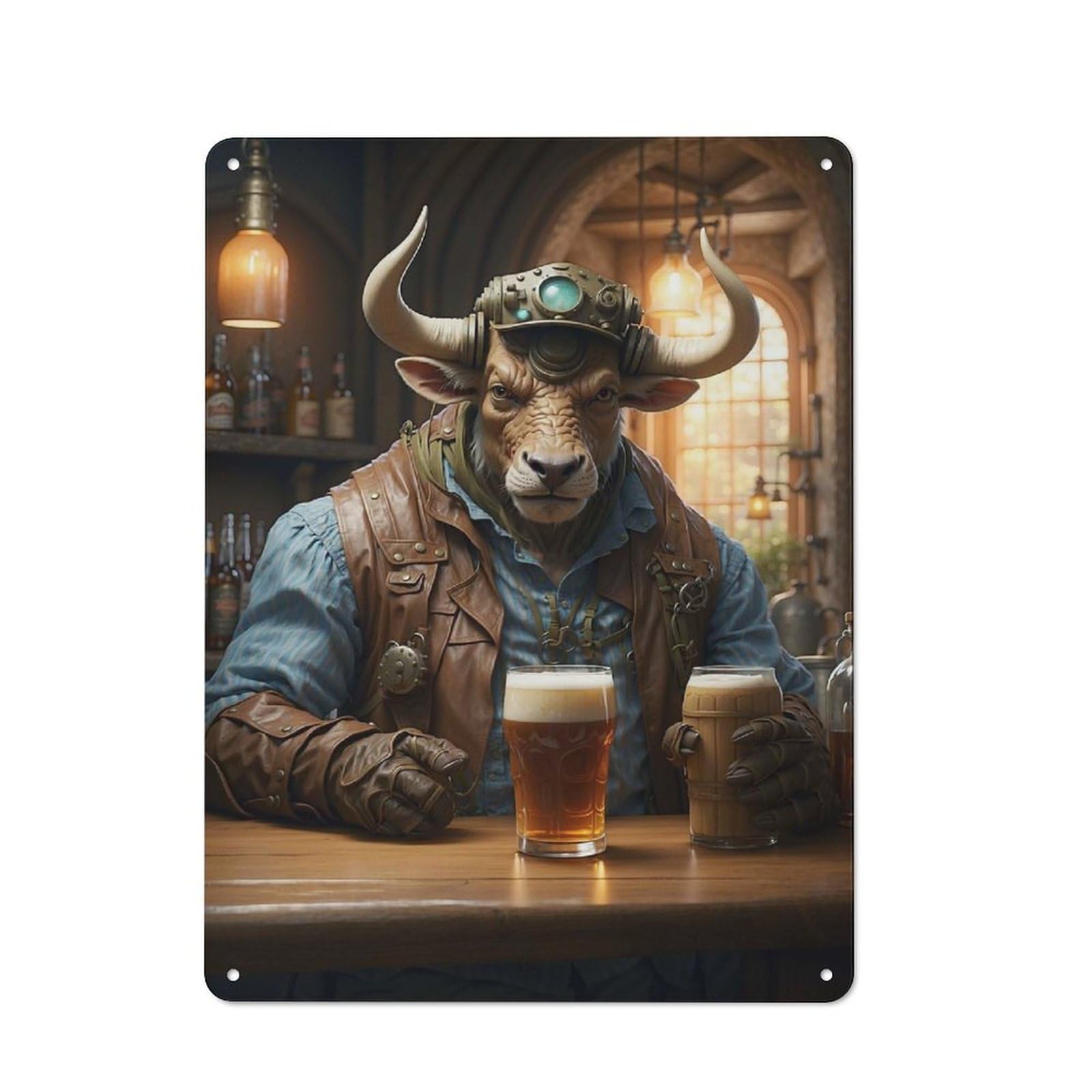 Metal Plaque with Steampunk Craft Beer Ox Design 40x30cm, Country Style Cafe Wall Decor for Bakery, Diner, Cafe Or Family Room
