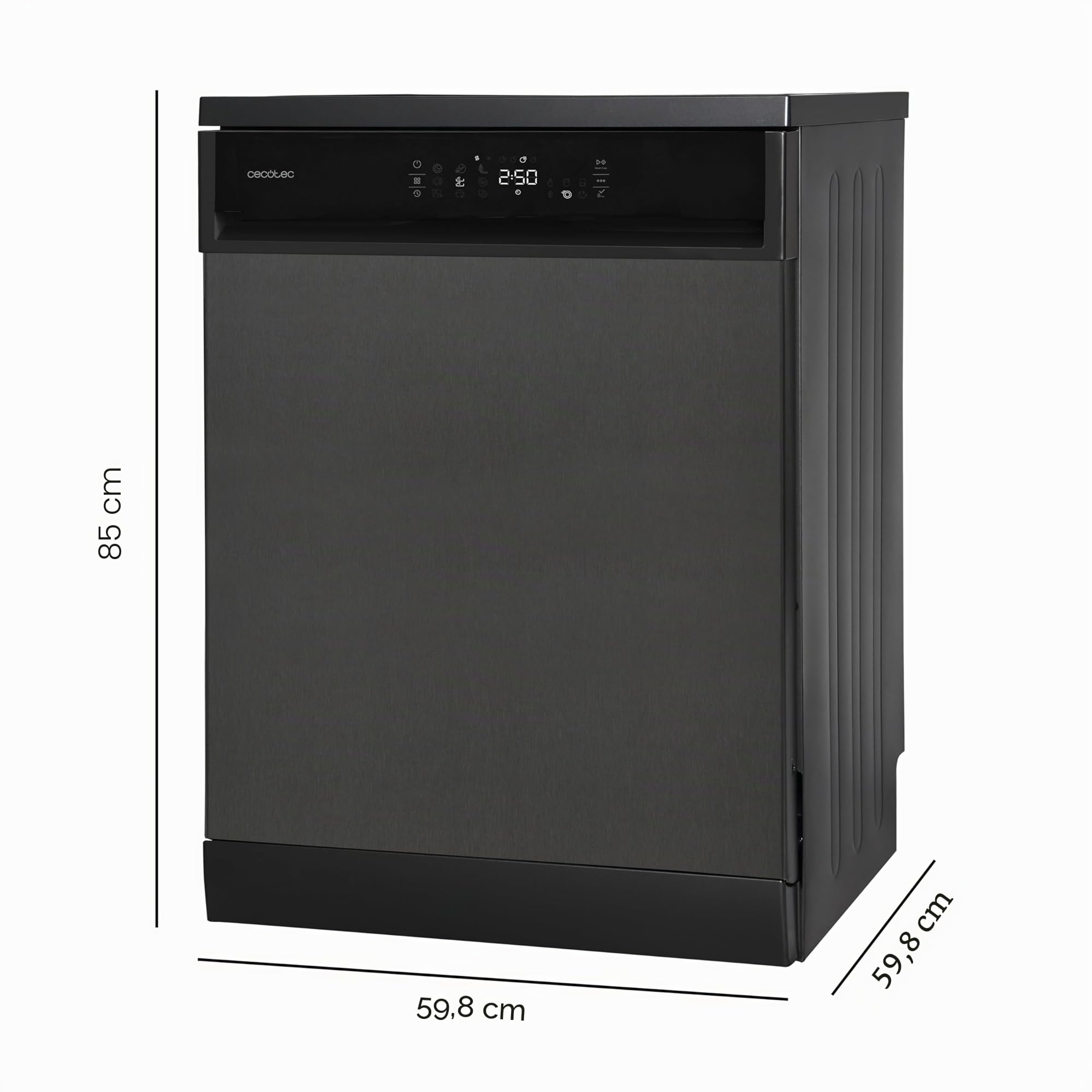 Cecotec Lave-vaisselle 60 cm Bolero 6800 Dark A, 14 Couverts, Basse Consommation, Moteur Inverter Plus Duo, 8 Programmes, Lavage Automatique, Nettoyage à Vapeur, Nettoyage Intérieur et Demi-Charge