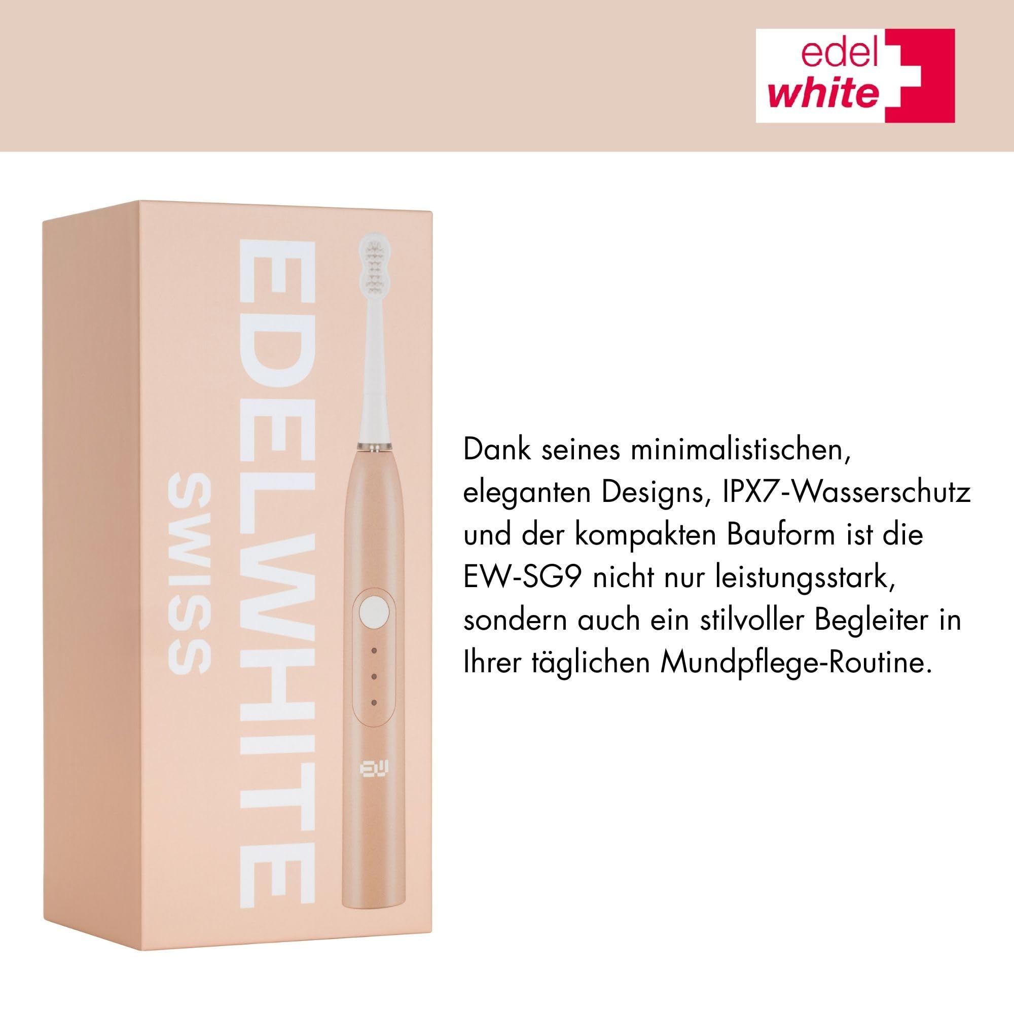 edel + white swiss EW‑SG9 Viva Sonic Toothbrush – Schweizer Hydrodynamische Schallzahnbürste mit 3 Professionellen Bürstenköpfen, USB Direktladung & Massage‑Modus – Kompakt & Leistungsstark (Rosa)