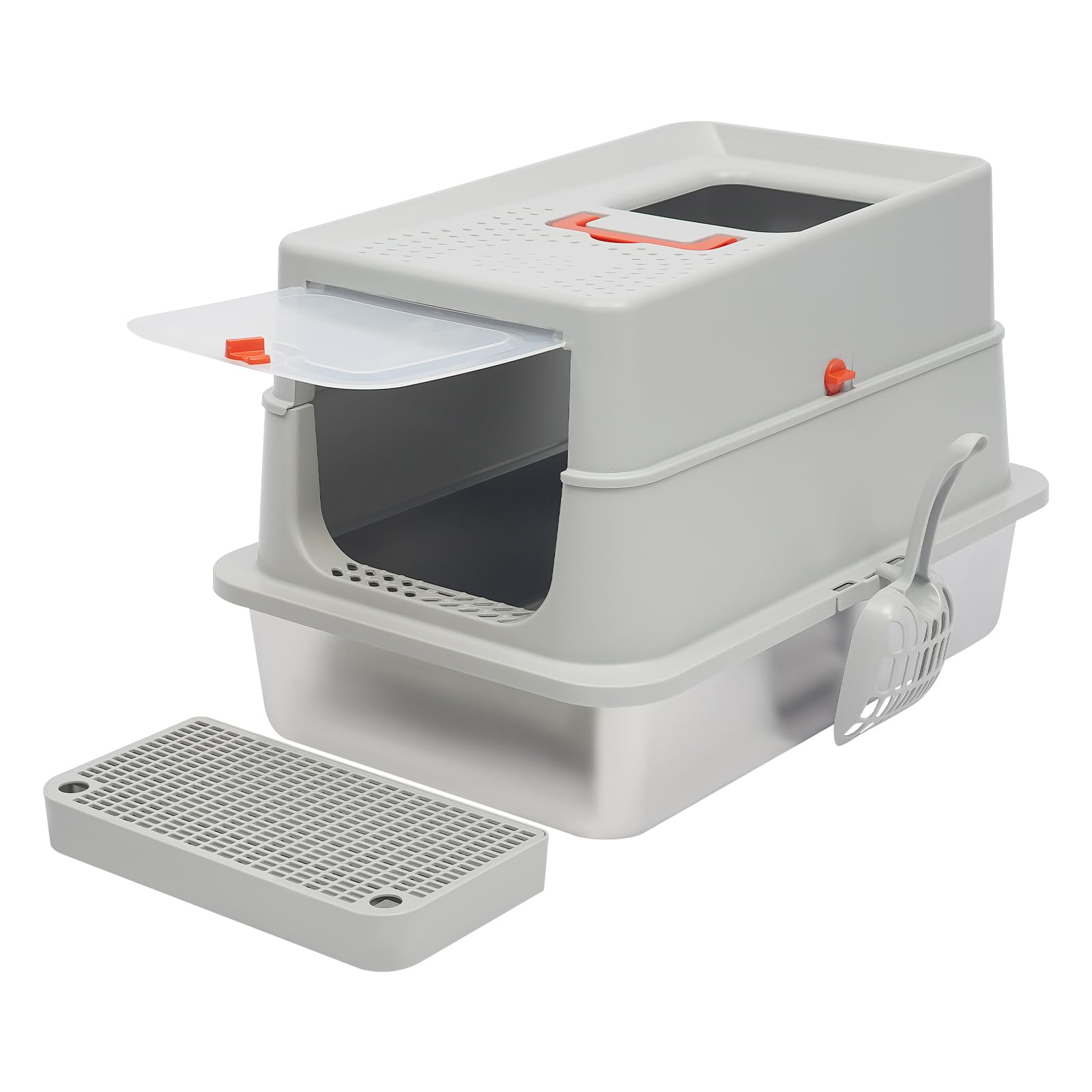 Lettiera da viaggio per gatti con coperchio, design 2 in 1 | Lettiera per gatti in acciaio inox con manico portatile, pedale paraspruzzi e paletta, lettiera portatile per gatti di grandi