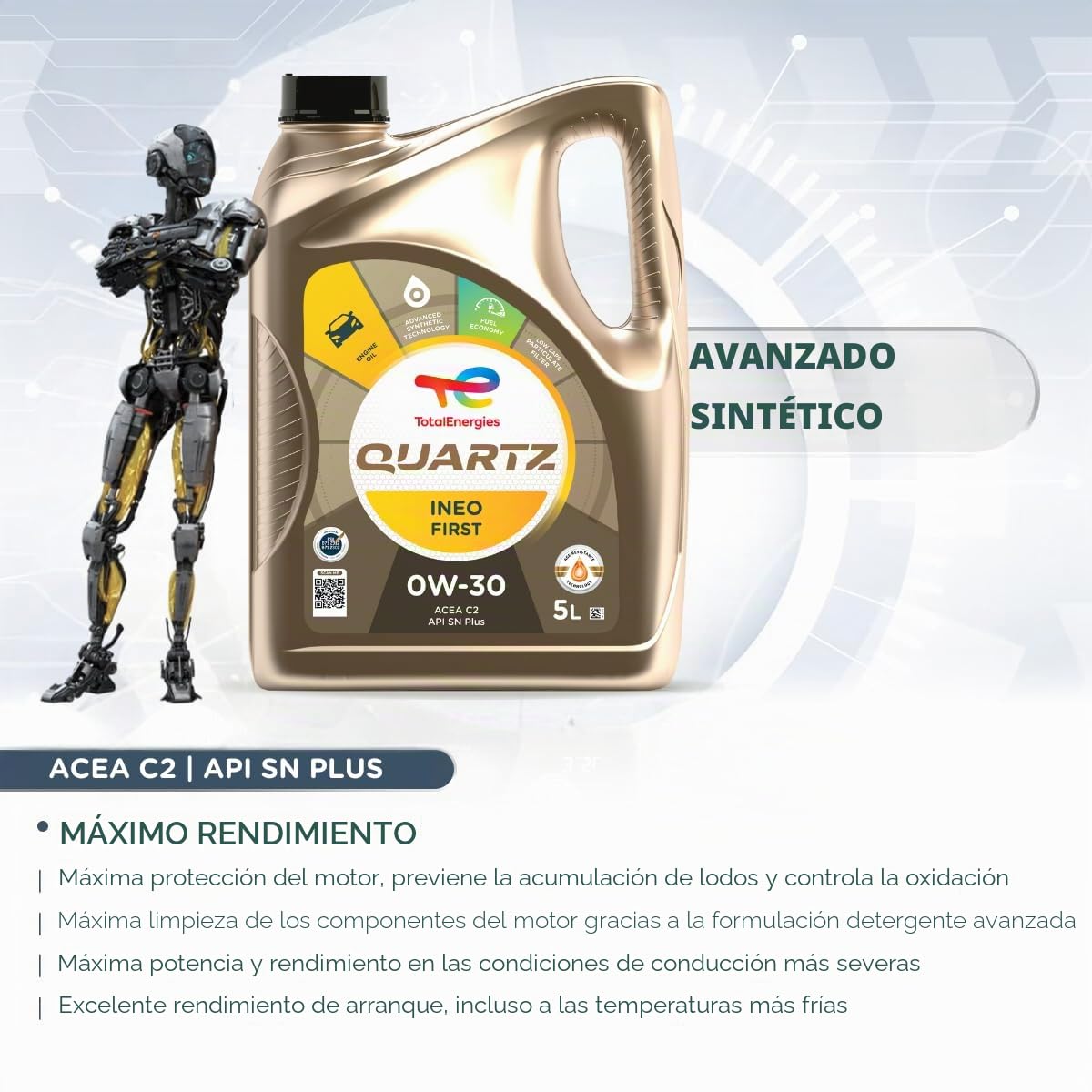 TotalEnergies Quartz INEO First 0W30 - Aceite de Motor Low SAPS, tecnología de Resistencia a la Edad, fórmula de Ahorro de Combustible, lubricante sintético avanzado de Aceite de Motor, 5 litros