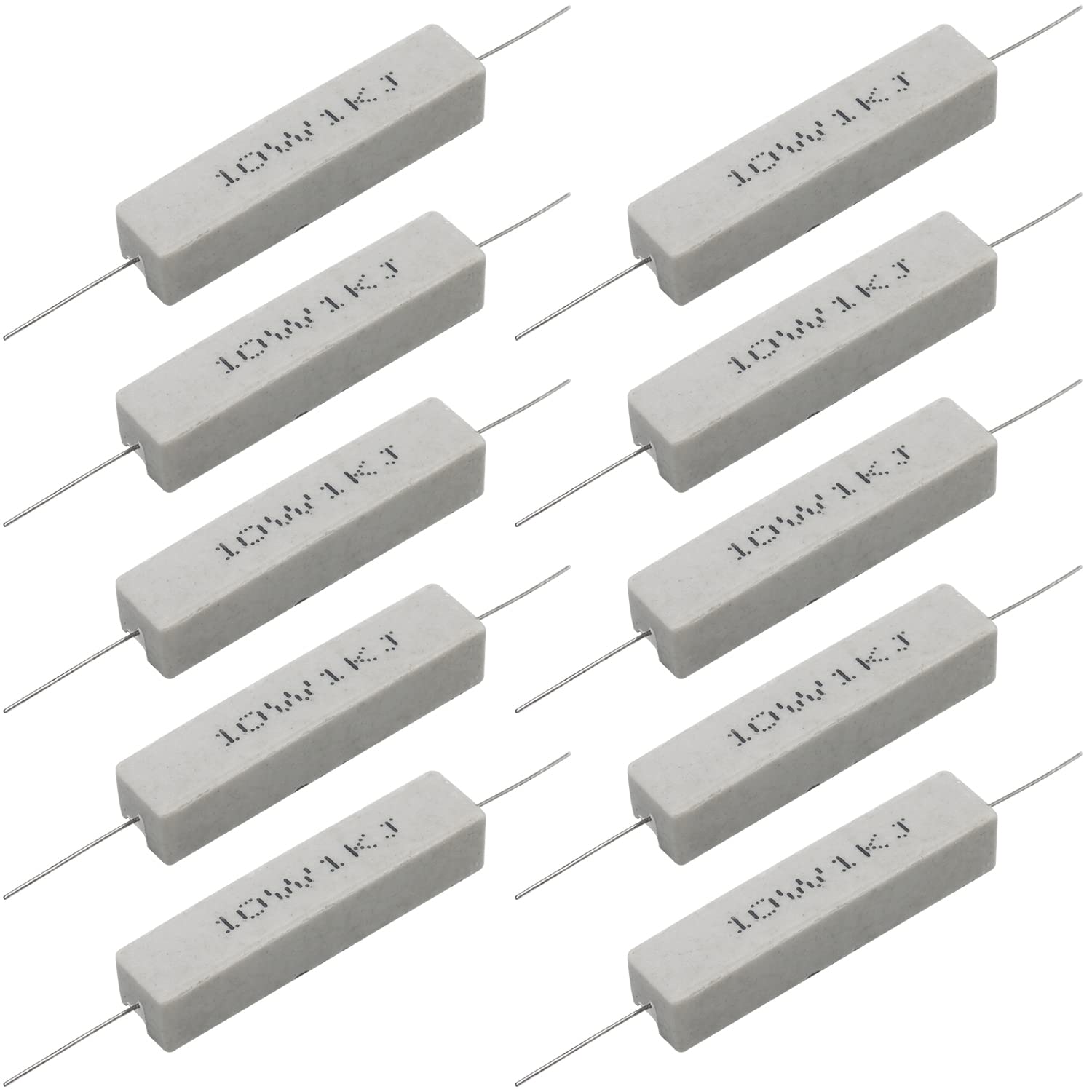 Cement Resistor,10 PCS 10w 1K Ohm 5% Axial Lead Wire Resistor White Wound Fixed Ceramic Cement Resistors Wirewound Cement Power Flame Heat Moisture Resistance Precharge Horizontal Resistors