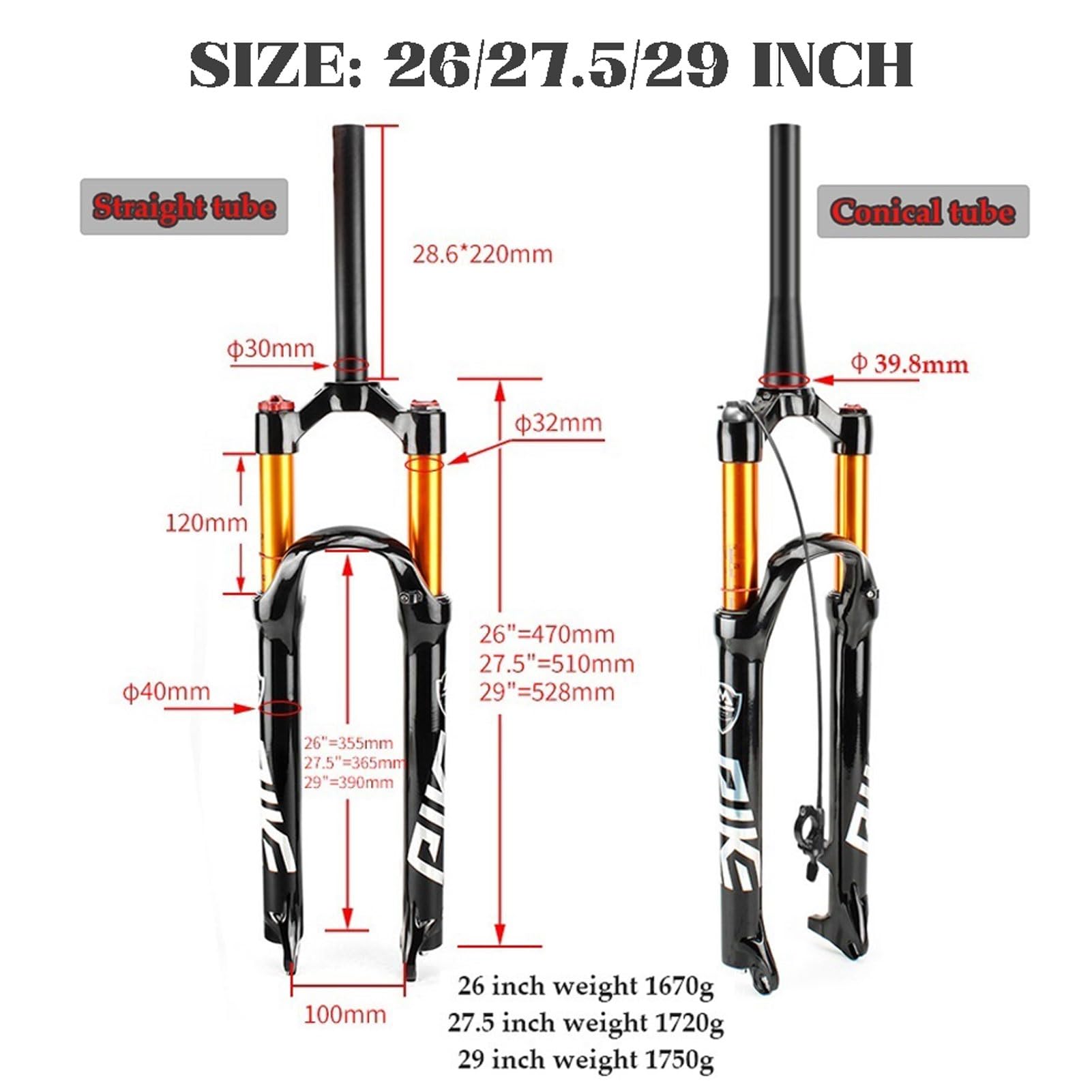 Horquilla de Suspensión Neumática for MTB de 26/27,5/29 Pulgadas, Aleación de Magnesio Tubo de Dirección Recto de 1-1/8" Recorrido de 120MM