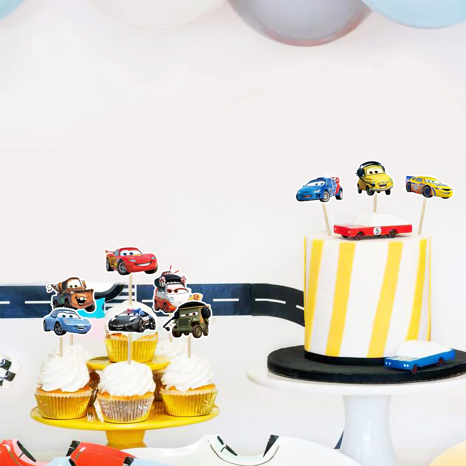 48-Piece Race Car Cupcake Toppers - 8 Designs, 6 Each, Paper Toppers For Birthday & Baby Shower Decor