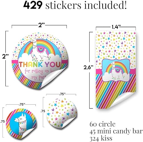 Miniatura 3 de Kit de calcomanías para fiesta de cumpleaños de patinaje de llama arco iris, 429 piezas. Incluye 60 calcomanías circulares de 2 pulgadas para