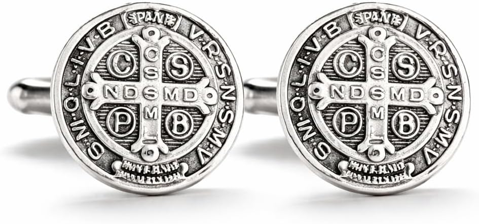 St Benedict Medal Cufflinks for Men – Antique Silver Catholic Cross Cuff Links – Religious Gift for Husband, Father, Groom, Confirmation