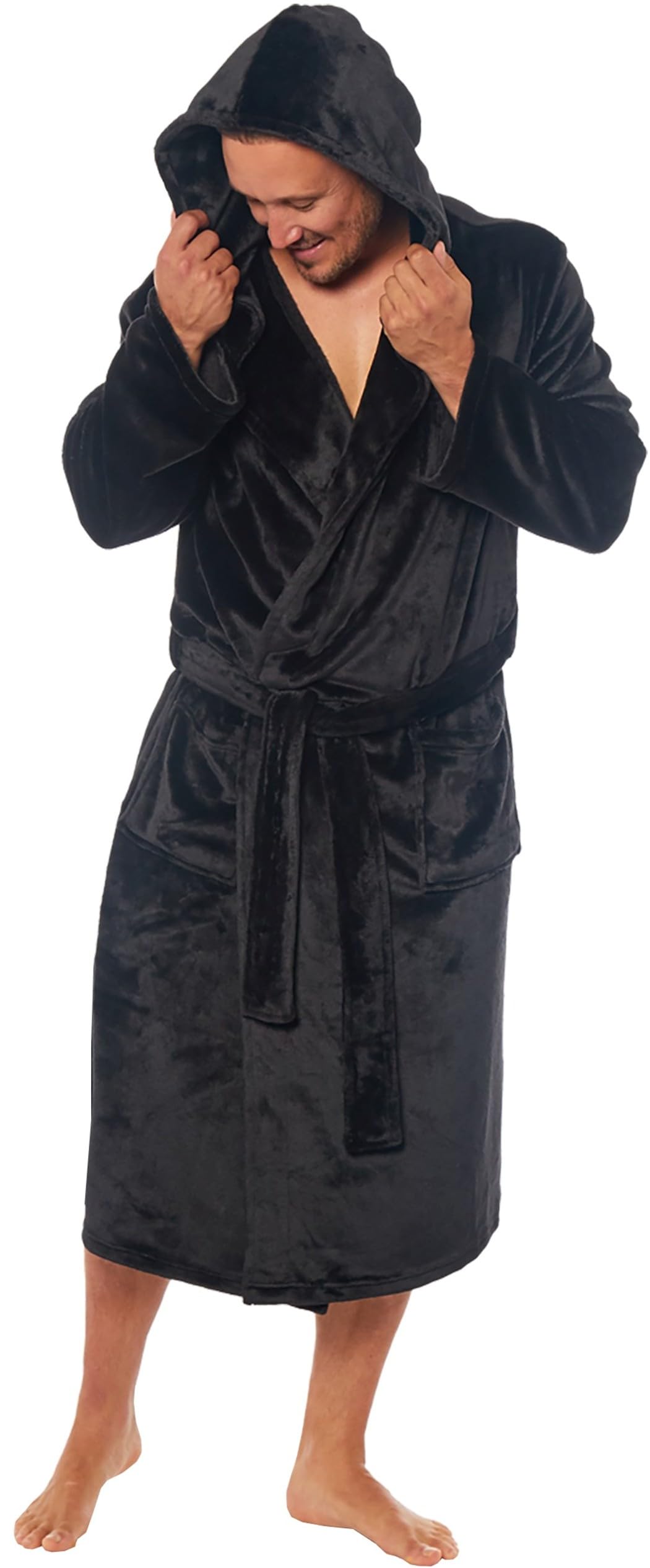 Michael Paul Men's Black-Black Hooded Dressing Gowns For | Super Soft Luxury Hooded Dressing Gown | Warm And Cozy Fleece Nightwear Robe | Gifts For L Black