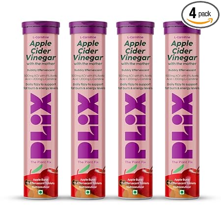 PLIX - THE PLANT FIX L-Carnitine ACV Effervescent Tablets Helps To Turn Fat Into Energy|15 Tablets,Pack Of 4|With Apple & Cinnamon|Supports Fat Burn|Weight Loss Drink for Men & Women|100% Plant-based