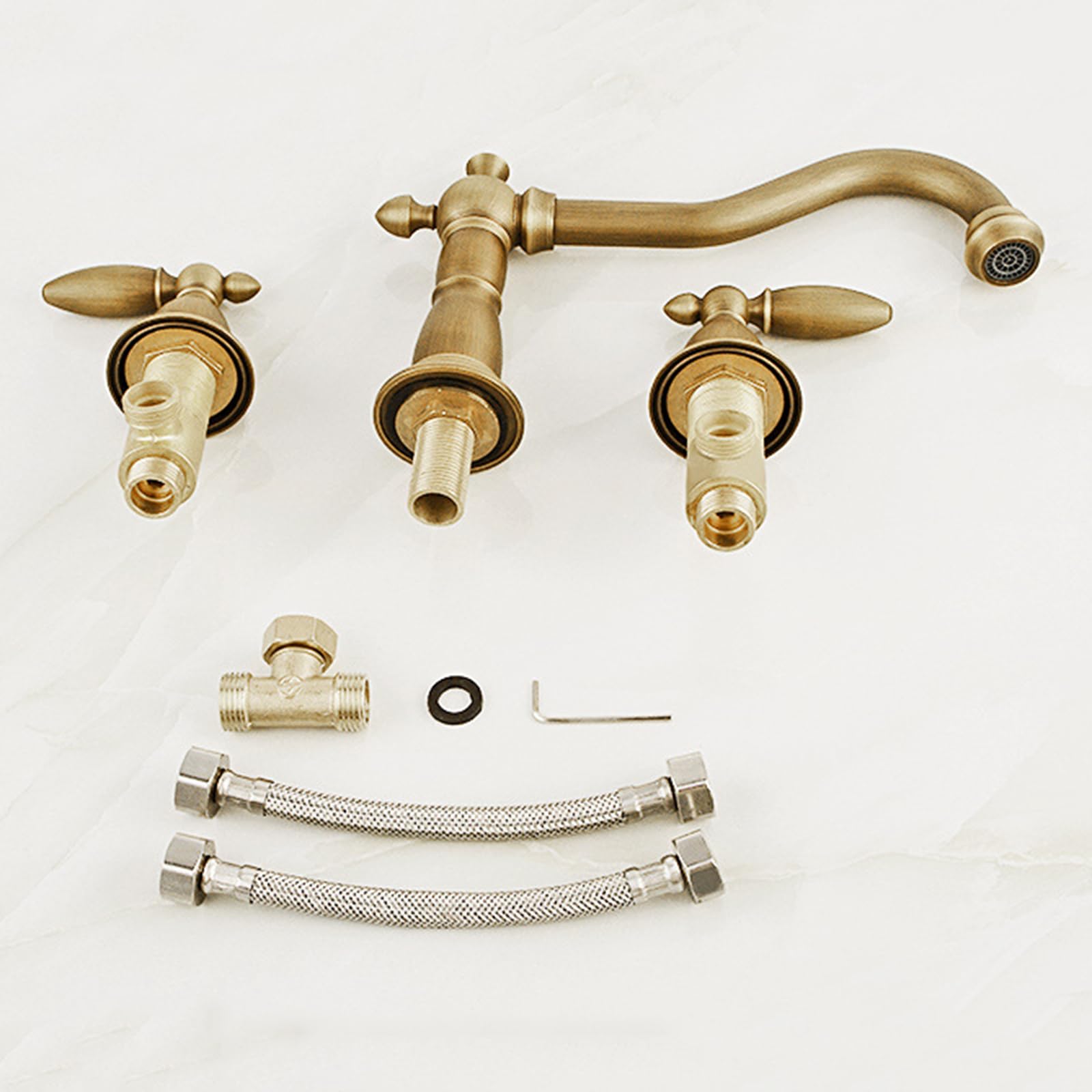 BiaoTeng Rubinetto Vintage Bagno Lavabo e Bidet Miscelatore a Tre Fori con Due Manopole, Caldo e Freddo Rubinetto Lavandino Bagno Antico Ottone