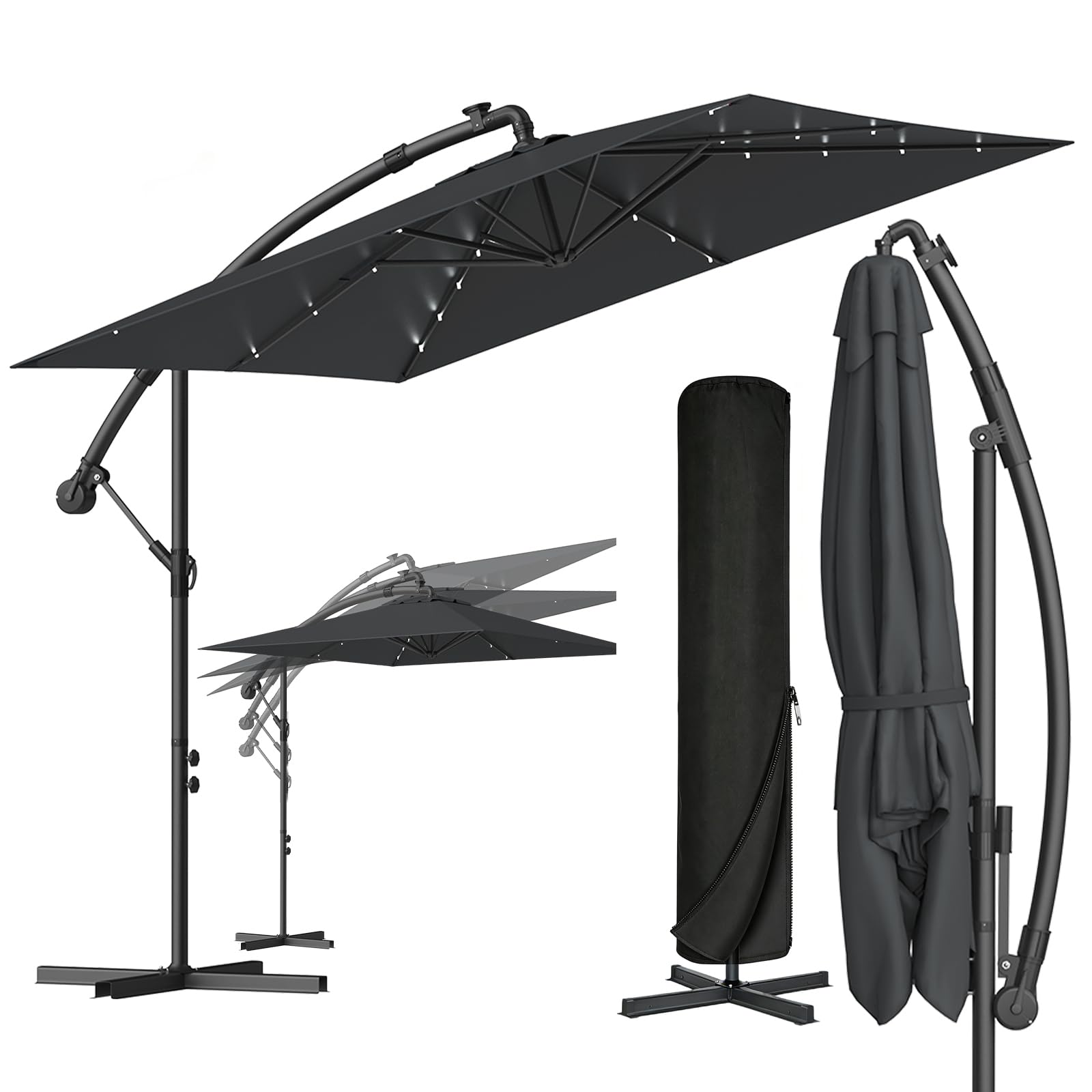 Verdego Sonnenschirm mit Ständer, Ampelschirm Rechteckig Ø350cm, Gartenschirm mit Kurbel, Schutzhülle, UV-Schutz Windfest Wasserabweisend Aluminium, Marktschirm, 360° Drehbar