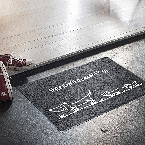 Salonloewe washable doormat, shoe cleaner, 50 x 75 cm, with "Hereingedackelt" motif, beige/charcoal with dachshund motif - Image 2