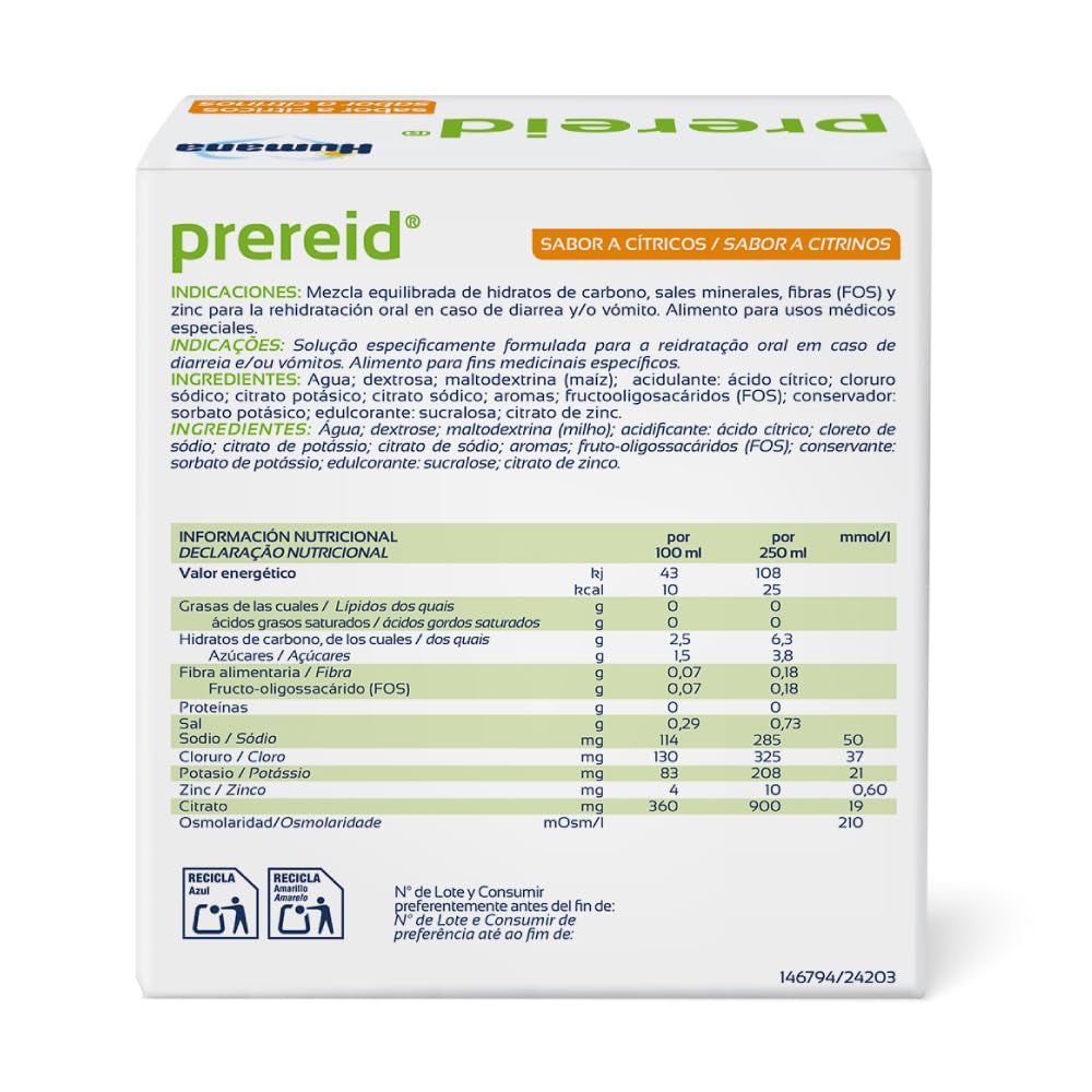 Prereid, solución de rehidratación oral para niños y adultos con hidratos de carbono, sales minerales y fibras prebióticas, 3 pouches de 250ml.