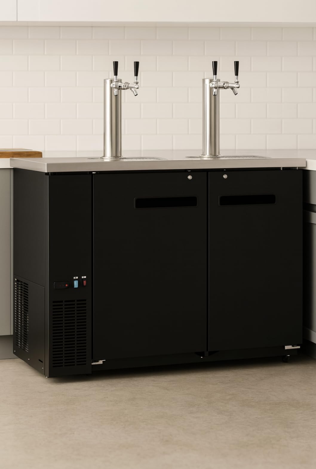 Double Tap Kegerator Beer Dispenser – Black, Fits (2 or 3) 1/2 Kegs, Dual Faucet Draft Beer Cooler with Adjustable Temperature and Locking Casters (Black, Width: 60")