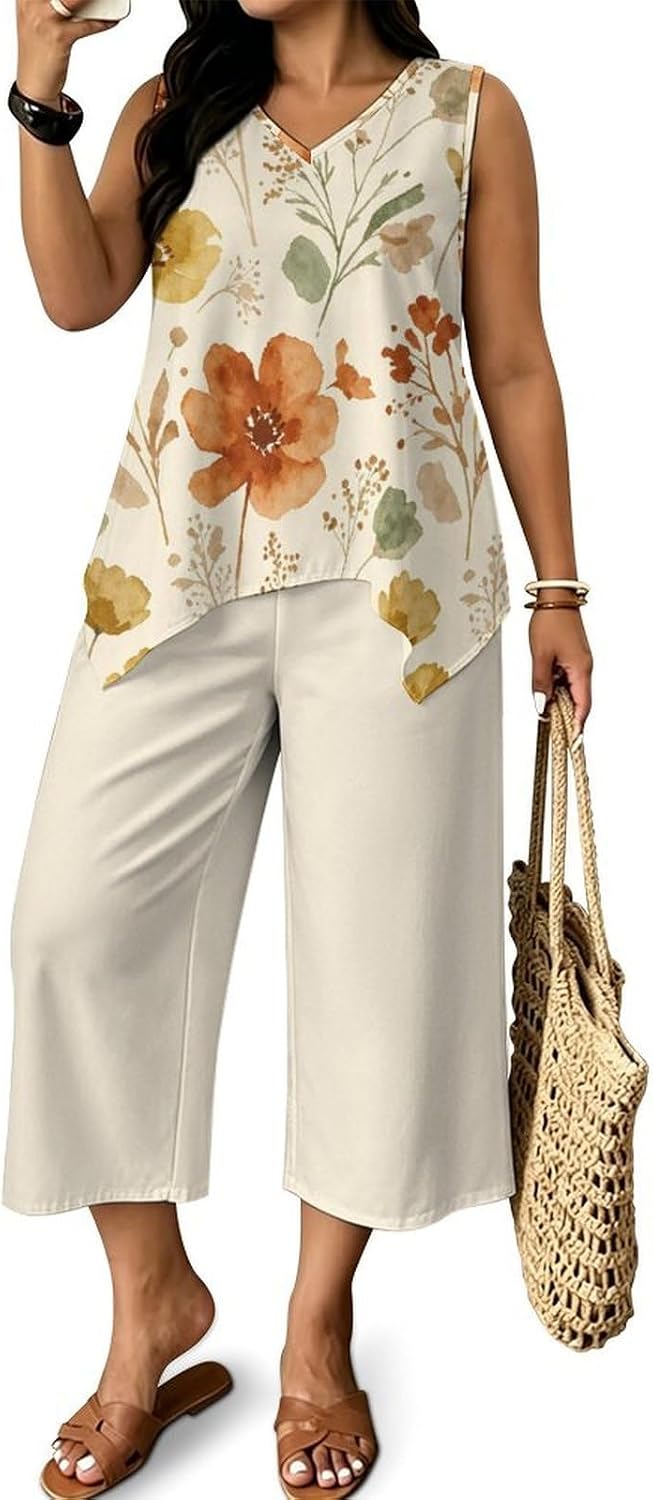 FANSU Sleeveless Top and Pants Set 2 Piece Flower | Summer Outfits for Women Casual Tracksuit V-Neck Tank Top Cropped Palazzo Trousers with Pockets for Outdoors or at Home
